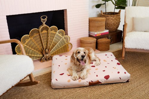 A happy dog lounging on a patterned pet bed in a cozy living room with a fireplace and stylish decor.