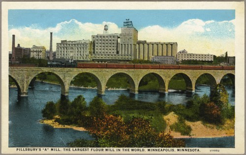 Historic postcard of Pillsbury's "A" Mill, the largest flour mill in the world, in Minneapolis, Minnesota.