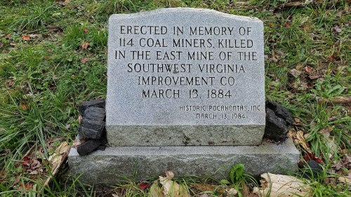 A stone memorial honoring 114 coal miners killed in the East Mine of Southwest Virginia on March 13, 1884.