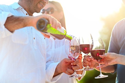 A person pours wine into glasses held by friends, enjoying a sunny outdoor gathering.