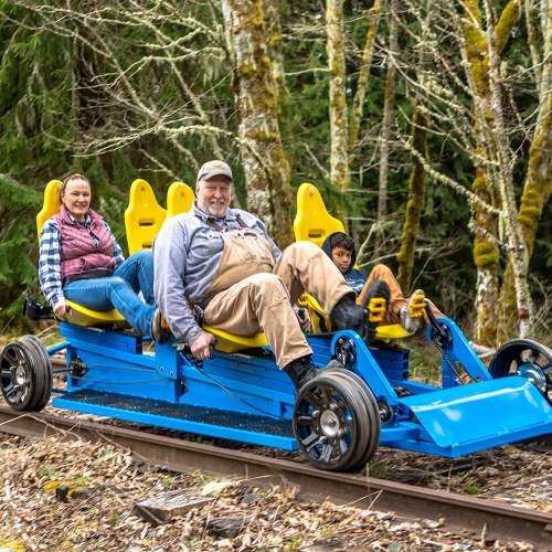 A man and two children ride a blue rail cart on a forested track, surrounded by trees.
