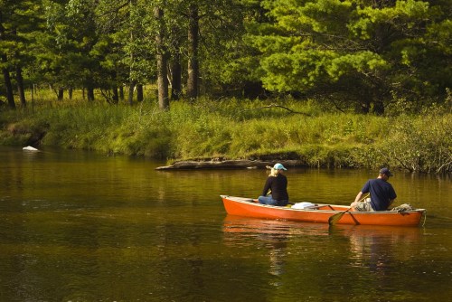 A couple paddles in an orange canoe on a calm river surrounded by lush green trees.
