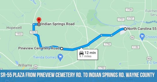 Map showing route from Pineview Cemetery Rd. to Indian Springs Rd. in Wayne County, NC, with a travel time of 12 minutes.