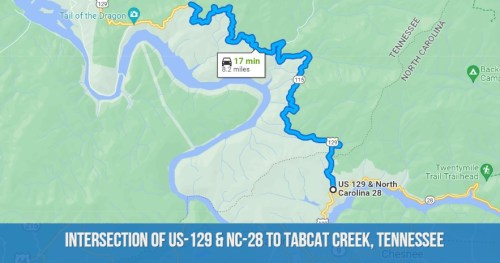 Map showing the intersection of US-129 and NC-28, with directions to Tabcat Creek, Tennessee. Travel time: 17 minutes.