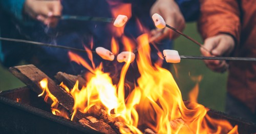 Closeup of hands roasting marshmallows over a wood fire.