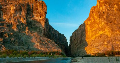 Sunset view of the canyon and Rio Grande river in Santa Elena Canyon, Texas