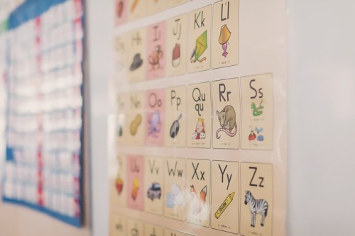 A colorful alphabet chart featuring letters A to Z with corresponding images for each letter.