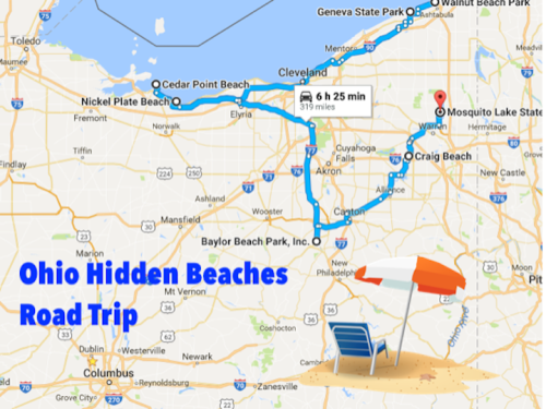Map showing a road trip route to hidden beaches in Ohio, including Mosquito Lake State Park and Cedar Point Beach.