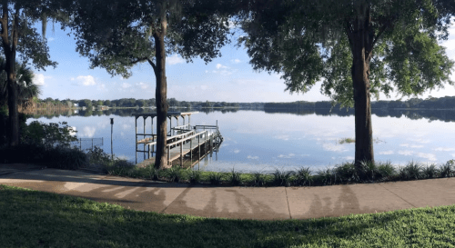 A serene lake view with a wooden dock, surrounded by trees and a clear blue sky. Reflections shimmer on the water.