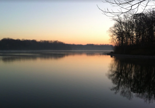 A serene lake at dawn, reflecting trees and a soft pastel sky, with mist hovering over the water's surface.