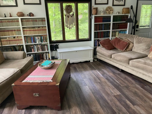 Cozy living room with bookshelves, a wooden coffee table, and two sofas, surrounded by greenery outside the windows.