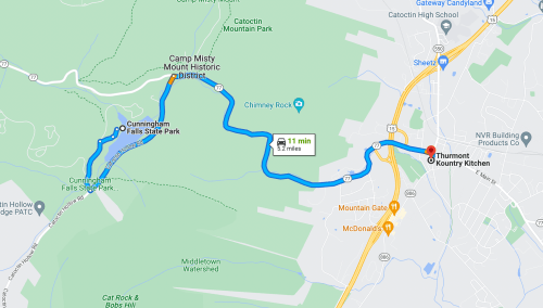 Map showing a route from Cunningham Falls State Park to Thurmont Kountry Kitchen, approximately 11 minutes and 7 miles.