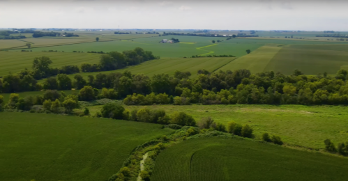 Aerial view of lush green fields and trees under a clear sky, showcasing rural farmland and natural landscapes.