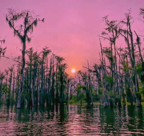 A serene sunset over a swamp, with silhouetted trees and reflections in the water, creating a tranquil atmosphere.