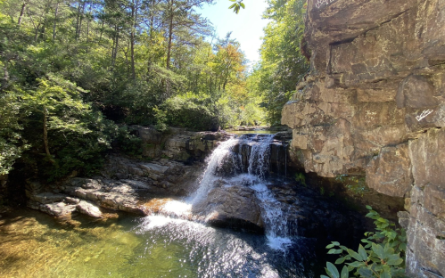 A serene waterfall cascades over rocks into a clear pool, surrounded by lush greenery and trees.