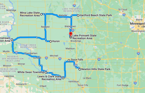 Map showing various recreation areas in South Dakota, including Lake Poinsett and Lewis & Clark State Park.