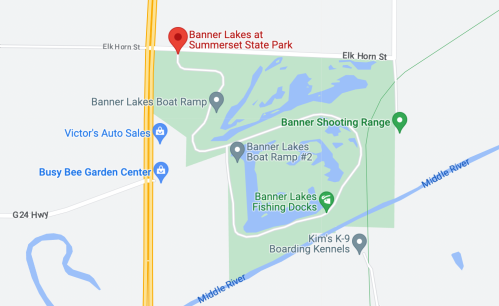 Map showing Banner Lakes at Summerset State Park, including boat ramps, fishing docks, and nearby landmarks.