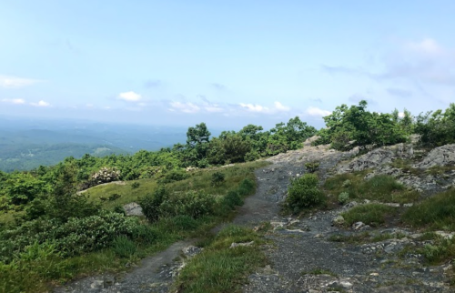 A rocky trail winds through lush greenery, leading to distant mountains under a partly cloudy sky.