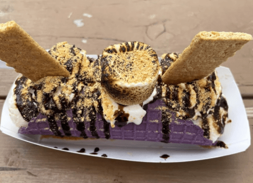 A colorful dessert featuring purple ice cream, toasted marshmallow, chocolate drizzle, and graham cracker pieces.