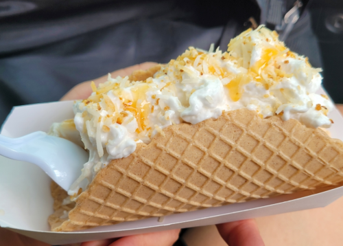 A hand holding a waffle cone filled with whipped cream and shredded cheese, served in a white tray.