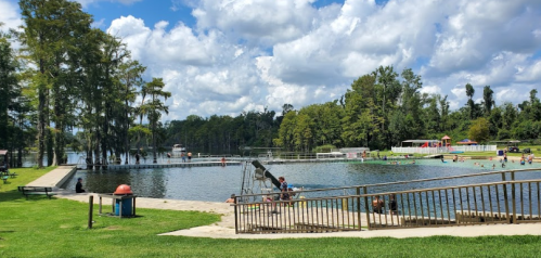 A scenic lake with people swimming, surrounded by trees and clouds, featuring a grassy area and wooden walkways.