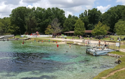 A sunny lakeside scene with people swimming, playing, and relaxing on the shore, surrounded by trees and a playground.