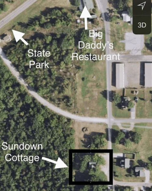 Aerial view map showing State Park, Big Daddy's Restaurant, and Sundown Cottage with directional arrows.