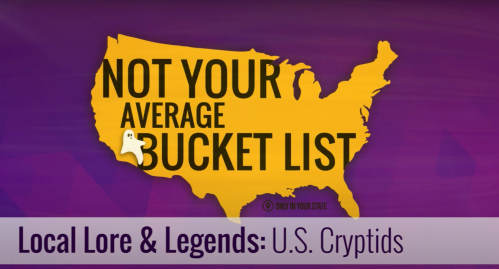 Map of the U.S. with text "Not Your Average Bucket List" and "Local Lore & Legends: U.S. Cryptids" on a purple background.