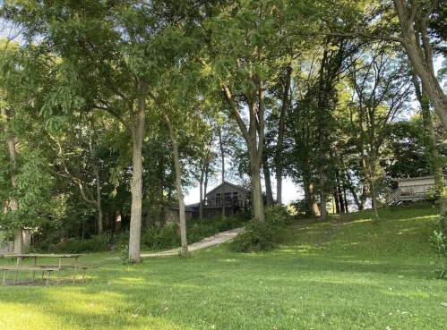 A serene landscape featuring a path leading to a house surrounded by tall trees and lush green grass.