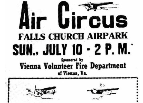 Vintage poster for an Air Circus event at Falls Church Airpark on July 10, sponsored by the Vienna Volunteer Fire Department.