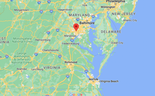 Map showing the northeastern United States, highlighting areas of Maryland, Virginia, and surrounding states.