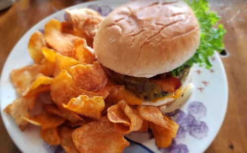 A plate with a juicy burger topped with lettuce and cheese, accompanied by crispy potato chips.