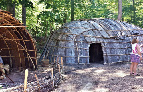 Two traditional dome-shaped structures made of wood and bark, surrounded by trees, with a person standing nearby.