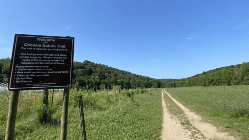 Sign for Chessie Nature Trail with a clear path leading into a green landscape under a blue sky.