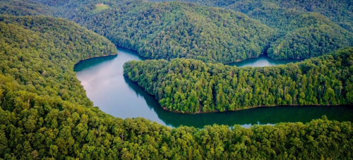 Aerial view of a winding river surrounded by lush green hills and dense forests.