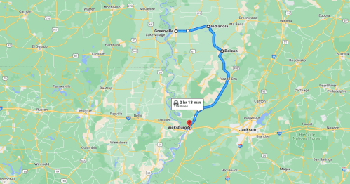 Map showing a route from Vicksburg to Greenville, with a travel time of 2 hours and 13 minutes.