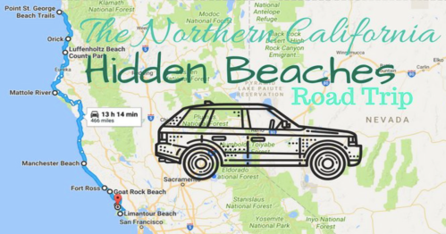 Map of Northern California highlighting a road trip to hidden beaches, featuring a car illustration and travel details.