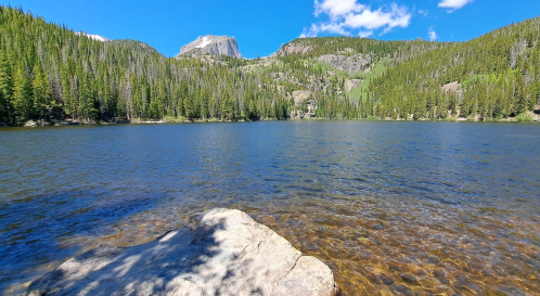 A serene lake surrounded by lush green trees and mountains under a clear blue sky. A rocky shore is visible in the foreground.