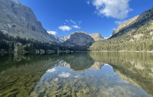A serene mountain lake reflecting surrounding peaks and blue sky, with clear water revealing rocky bottom.