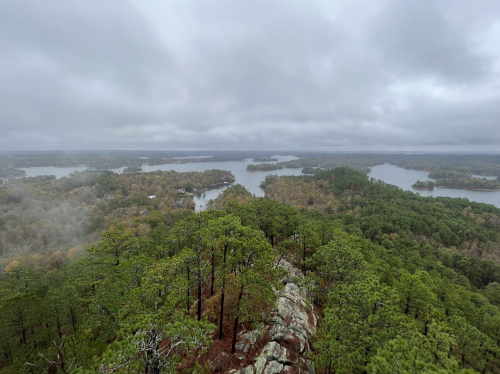 A panoramic view of lush green forests and lakes under a cloudy sky, showcasing a serene natural landscape.