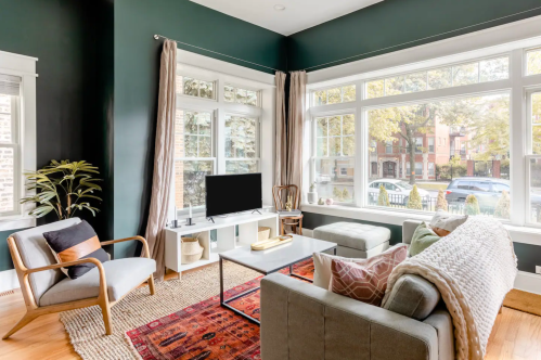 Cozy living room with large windows, green walls, a TV, and stylish furniture, featuring a warm, inviting atmosphere.