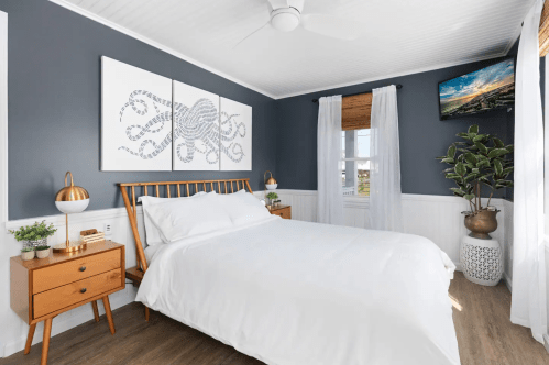 Cozy bedroom with a white bed, dark blue walls, artwork, and a TV, featuring natural light and modern decor.