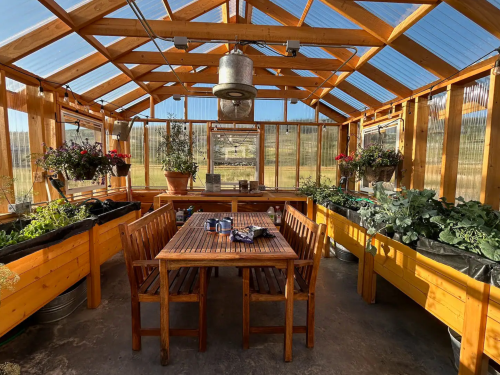 A wooden greenhouse interior with tables, chairs, and plants in pots along the walls, featuring a bright, sunny atmosphere.