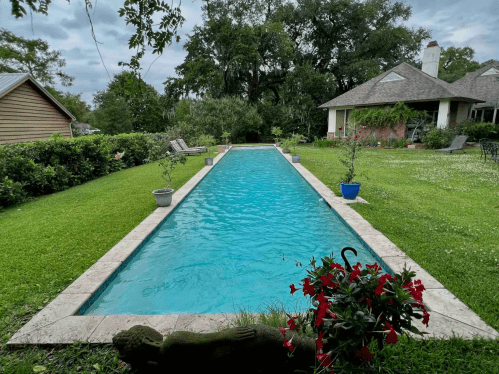 A serene backyard with a long swimming pool, surrounded by lush greenery and a cozy house in the background.
