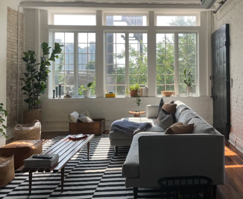 Bright living room with large windows, a gray sofa, striped rug, and plants, creating a cozy, inviting atmosphere.