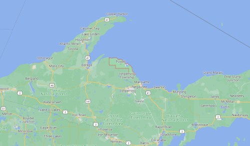 Map of Michigan's Upper Peninsula, highlighting Powell and surrounding areas, including Isherwood Township and Marquette.