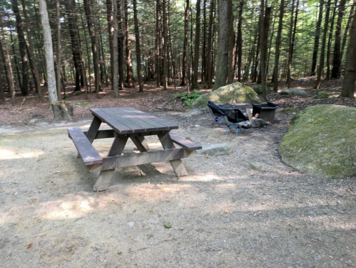 A picnic table and two camping chairs near a fire pit in a wooded area with trees and rocks.
