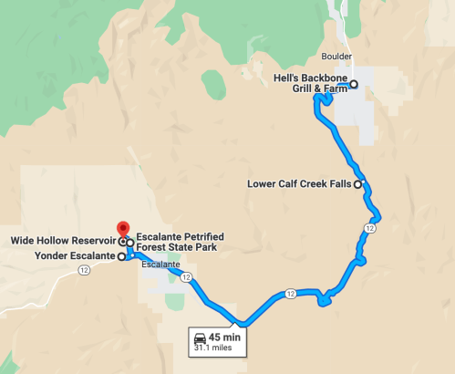 Map showing a route from Wide Hollow Reservoir to Hell's Backbone Grill & Farm, passing through Escalante and Lower Calf Creek Falls.