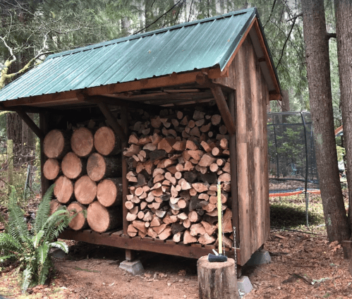 A wooden shed with a green metal roof, stacked with firewood on one side, surrounded by trees.