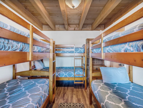 A cozy bunk room with wooden bunk beds, blue patterned bedding, and a warm wooden ceiling.